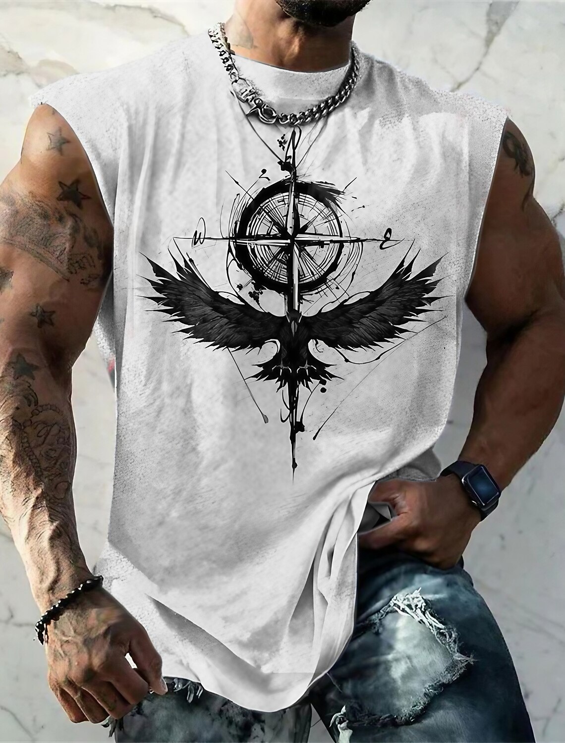 Men's Graphic Animal Viking Warrior Vest Top Sleeveless T Shirt for Men Sleeveless Cap Sleeve T shirt 3D Print Crew Neck Shirt Fashion Designer Muscle Daily Gym Sports Black White Spring & Summer