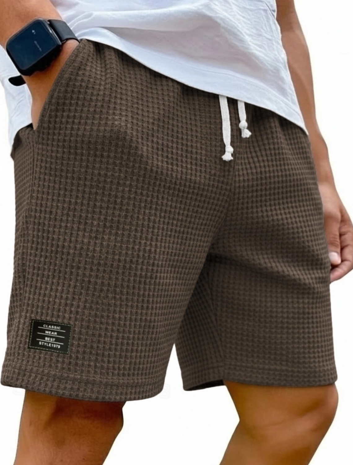 Men's Waffle Shorts Shorts Summer Shorts Beach Shorts Casual Shorts Pocket Elastic Waist Plain Comfort Breathable Knee Length Casual Outdoor Beach Vacation Fashion Black White Micro-elastic