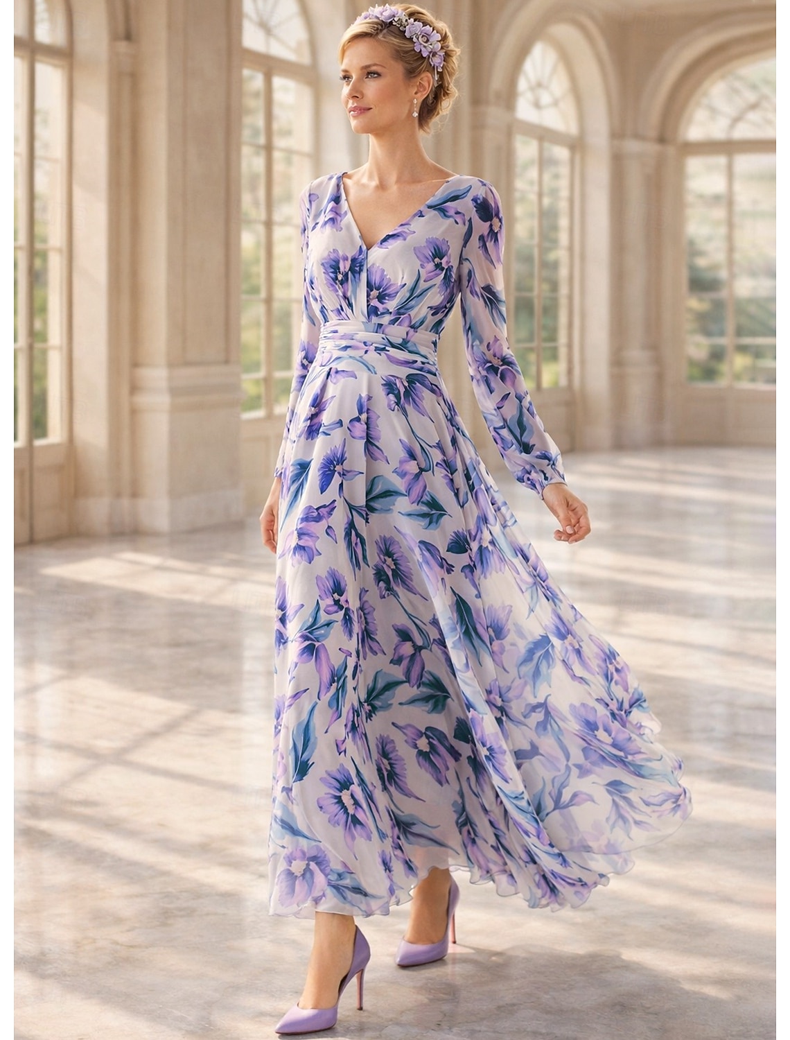 A-Line Ankle Length Wedding Guest Dress Formal Dresses Evening Gown Mother of the Bride Dress Long Sleeve V Neck Elegant Vintage Formal Wedding Guest Chiffon with Ruched Flower