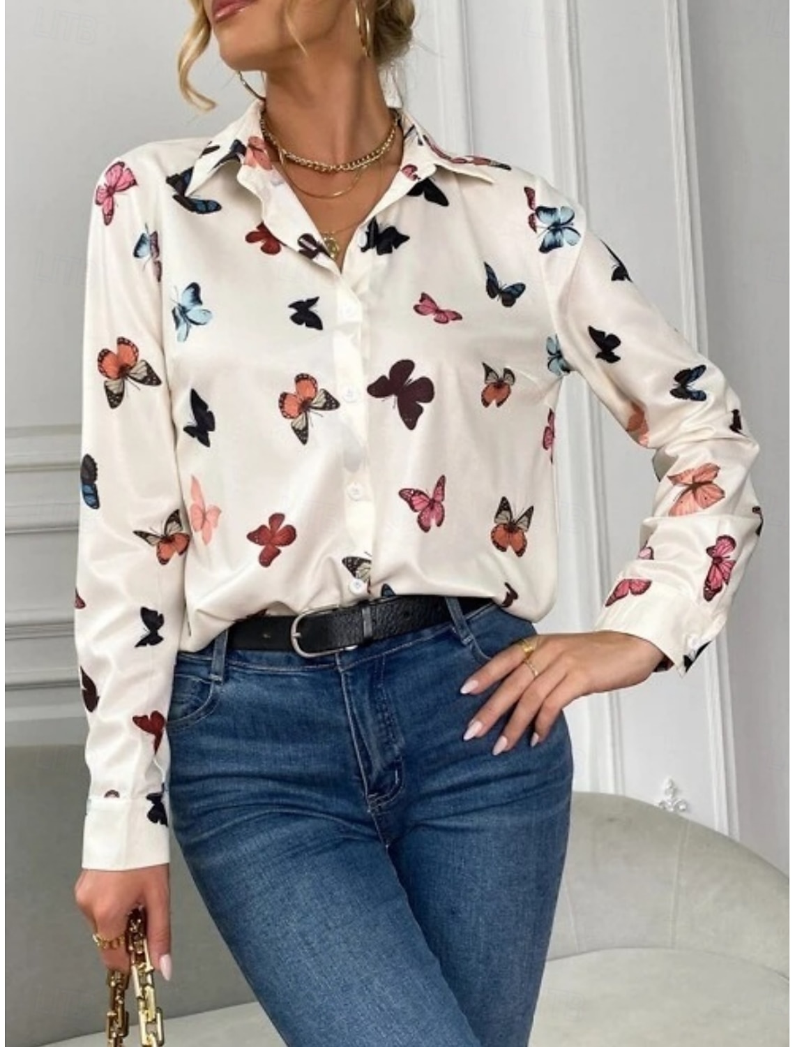 Women's Shirt Blouse Stylish Casual Butterfly Regular Tops Long Sleeve Shirt Collar Buttons Print Regular Fit Daily Summer Spring