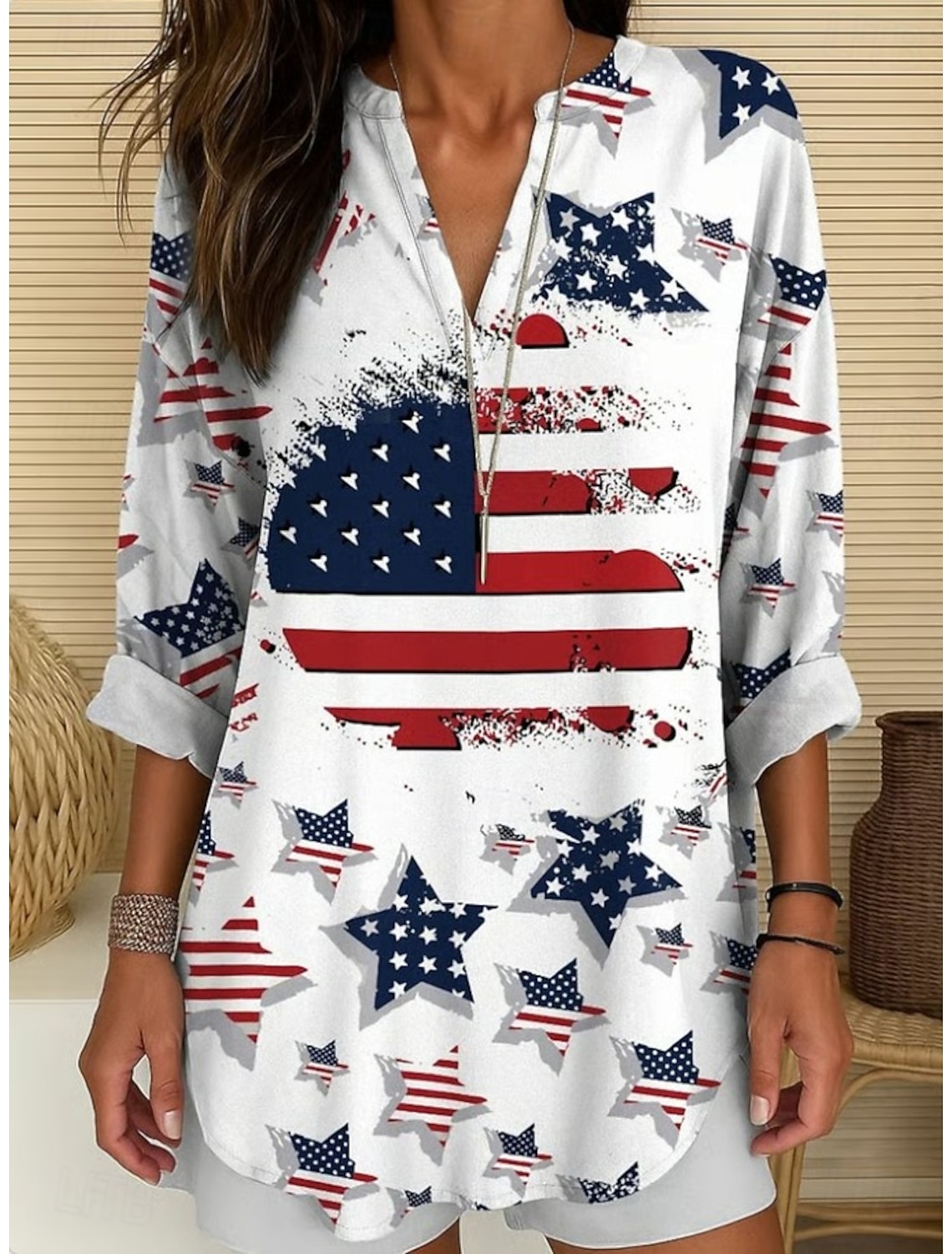 American Independence Day Women's Shirt Short Sleeve Graphic Flag Vintage Stylish Casual Sleeveless Shirt Collar Regular Tops Daily Blue White Light Blue Summer Spring
