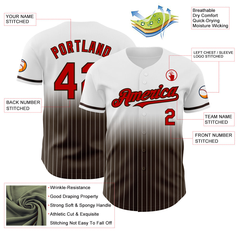 Custom White Pinstripe Red-Brown Authentic Fade Fashion Baseball Jersey