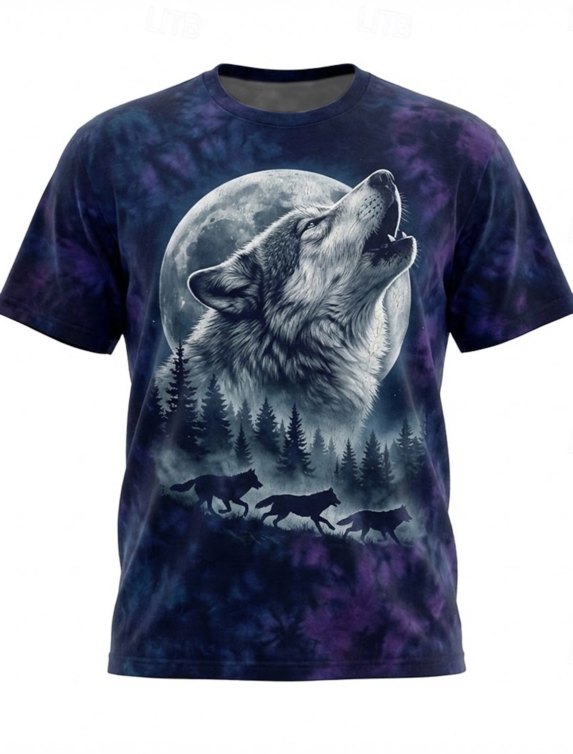 Howling Wolf Full Moon Forest 3D Graphic T Shirt Mens Purple Blue Tie Dye Nature Wildlife Short Sleeve Tee Clothing Apparel S M L XL XXL XXXL