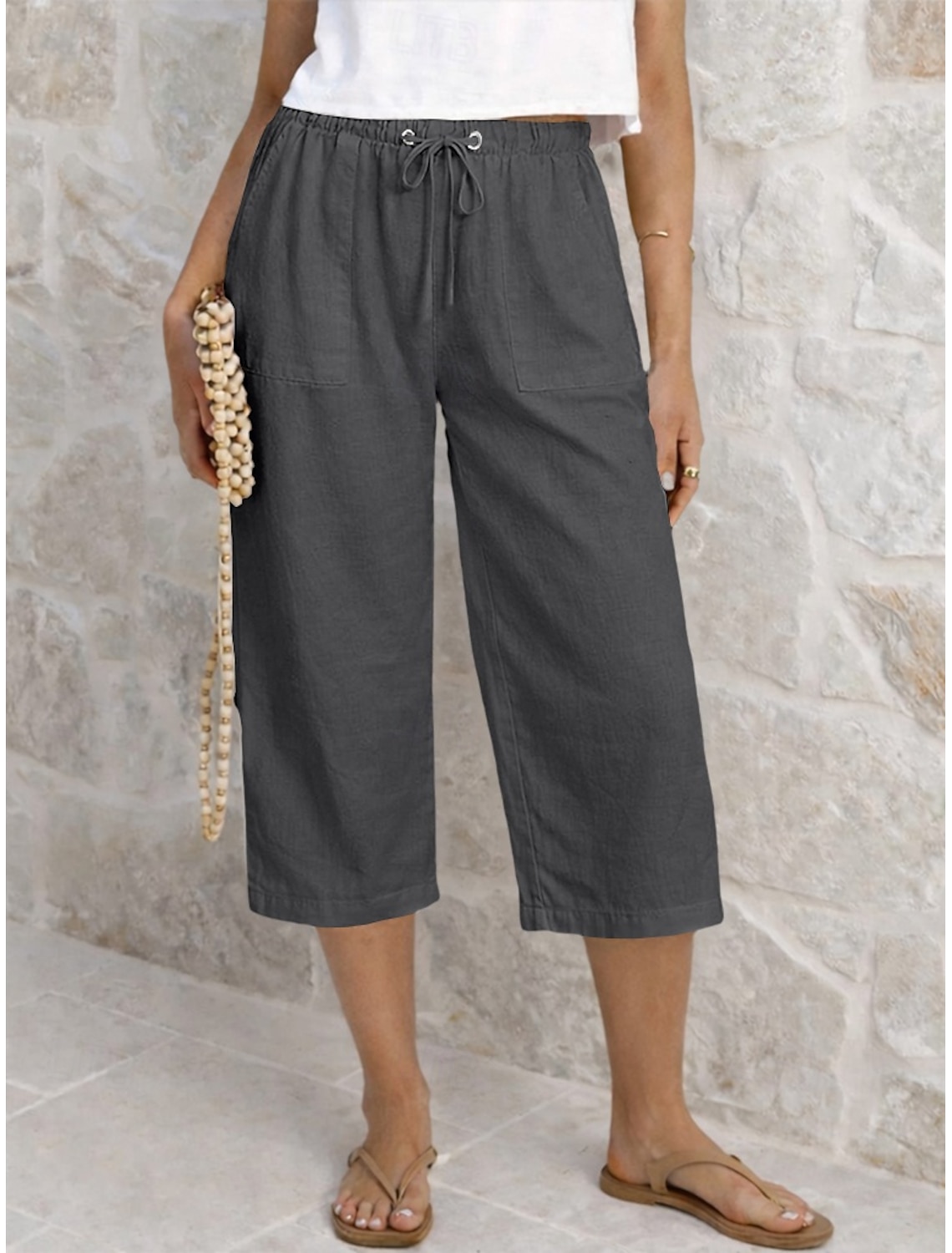 Women's Capri Pants Summer Shorts Cropped Pants Linen Capri Pants Fashion Basic Calf-Length Medium Waist Plain Drawstring Pocket Elastic Waist Lightweight Breathable Inelastic Vacation Street Daily