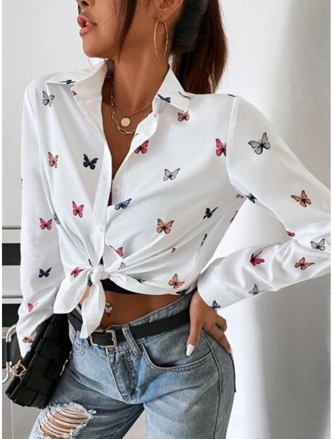 Women's Shirt Blouse Stylish Casual Butterfly Regular Tops Long Sleeve Shirt Collar Buttons Print Regular Fit Daily Summer Spring