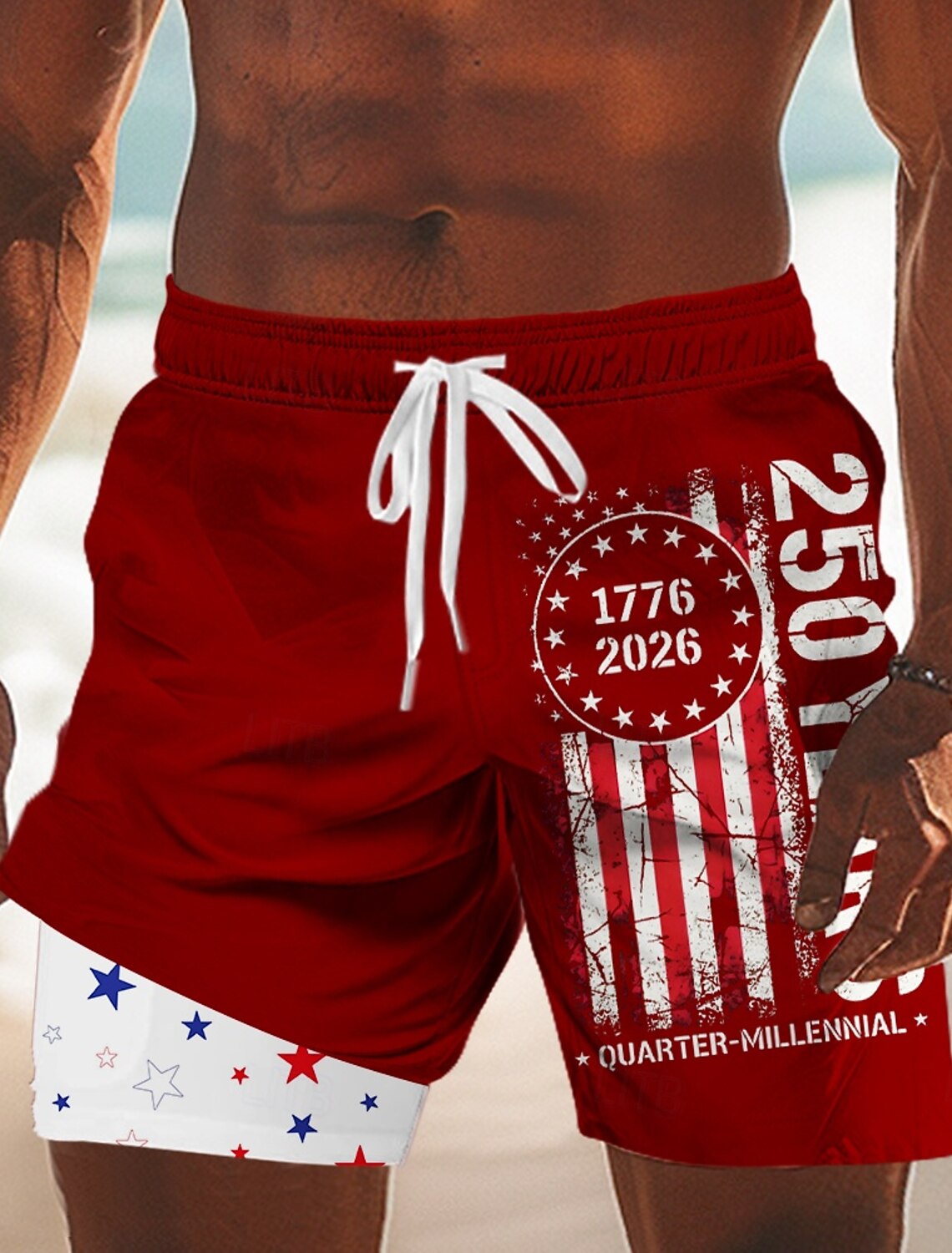 Men's 4th of July U.S. 250th Anniversary American Flag Lined Shorts 2 in 1 Board Shorts Swim Shorts Mid Waist Patriotic Holiday Side Pockets With Compression Liner Elastic Drawstring Waist Designer