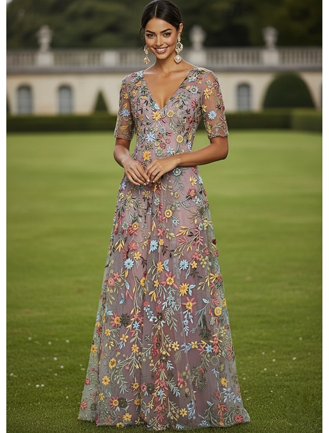 A-Line Dress Tea Length Cocktail Dress Wedding Guest Dress Mother of the Bride Dress Half Sleeve Crew Neck Boat Neck Elegant Casual Formal Kentucky Derby Semi Formal Tulle with Embroidery Appliques