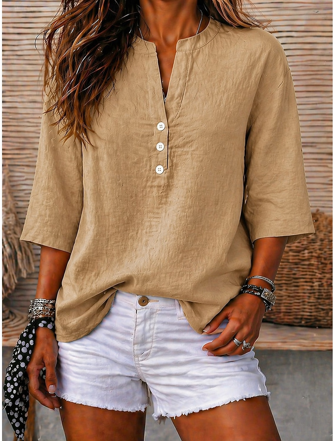 Women's T Shirt Henley Shirt Blouse Tee Elegant Daily Basic Fashion Half Sleeve V Neck Crop Tops Casual Daily Beach Khaki Black Pink Royal Blue Purple Summer Spring
