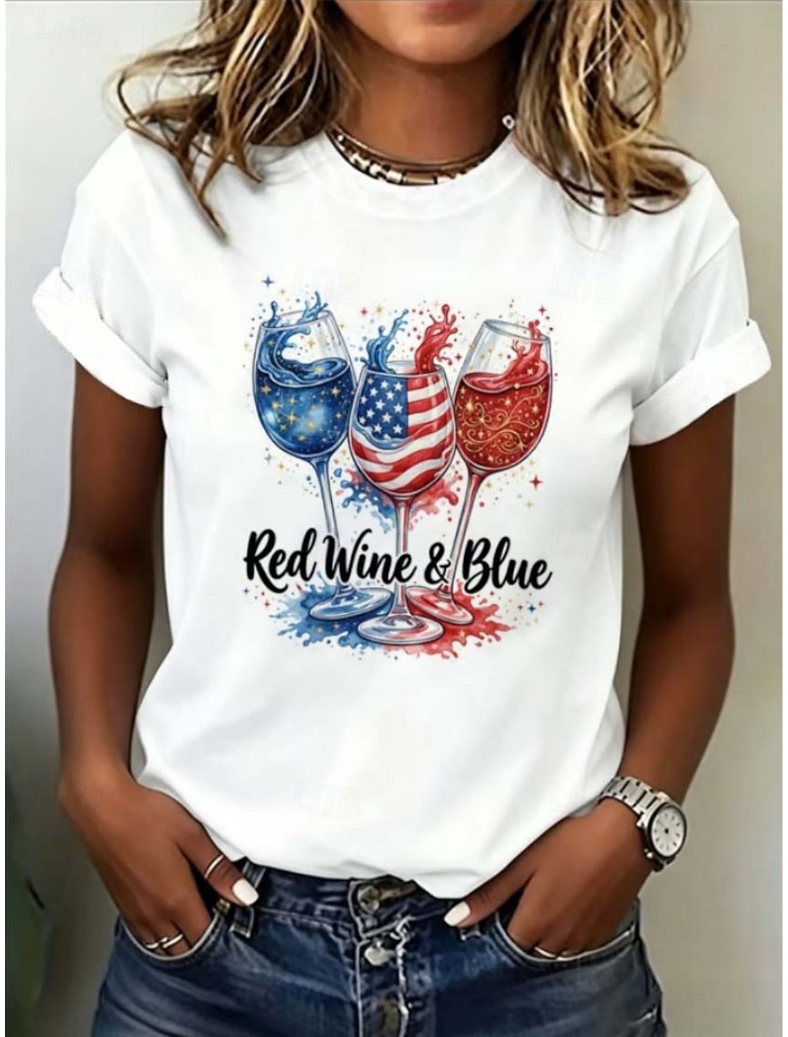 American Independence Day Women's T Shirt Print Graphic Flag Wine Glass Stylish Classic Casual Short Sleeve Crew Neck Regular Tops Daily Blue White Yellow Red Black Summer Spring