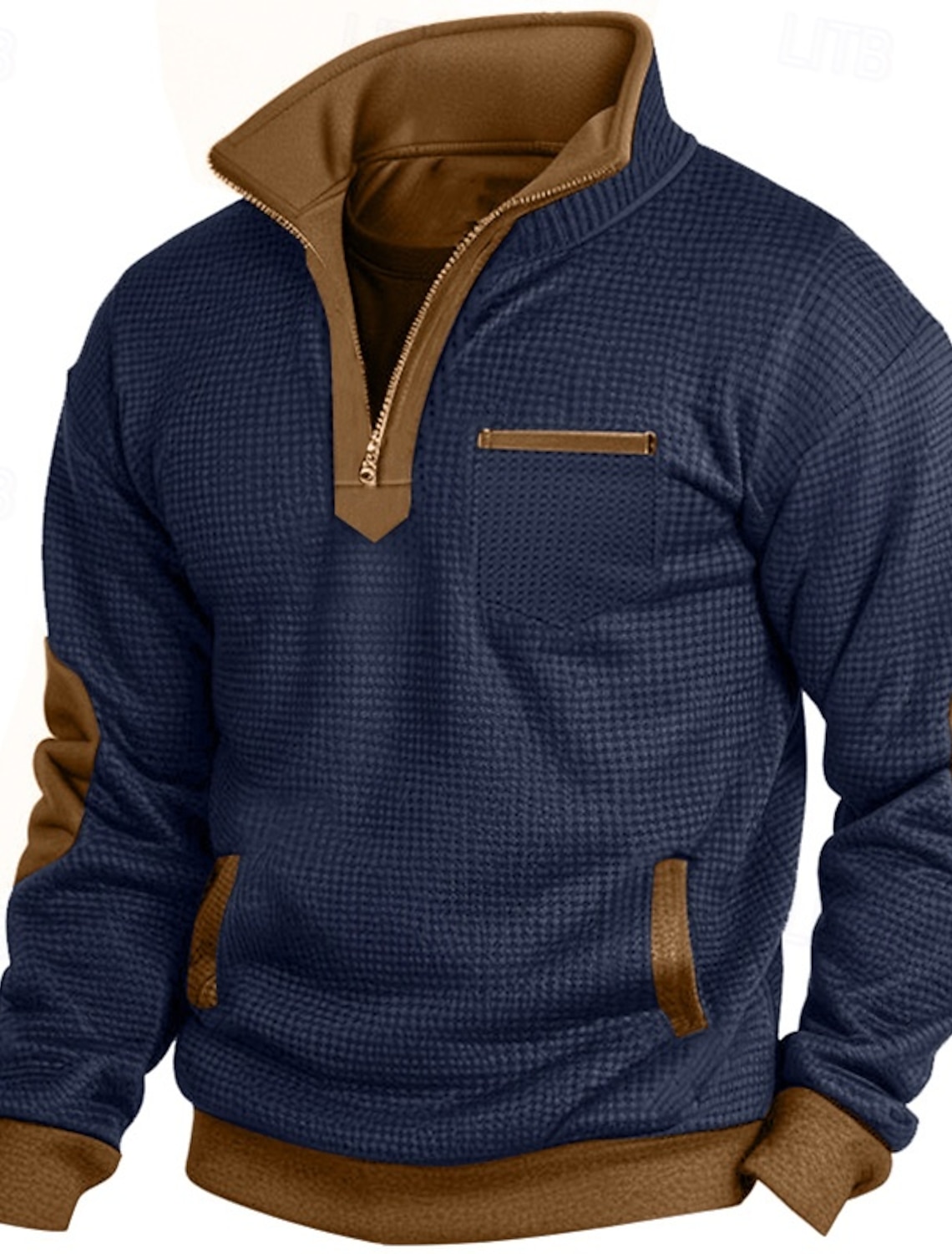 Men's Zip Up Sweatshirt Waffle Pullover Black Navy Blue Half Plain