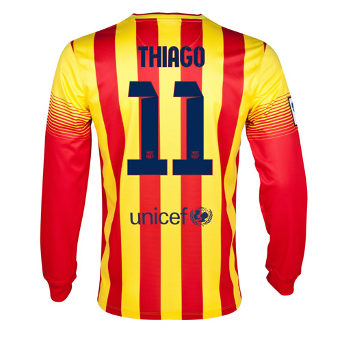 13-14 Barcelona 11 Thiago Away Long Sleeve Soccer Jersey Shirt -