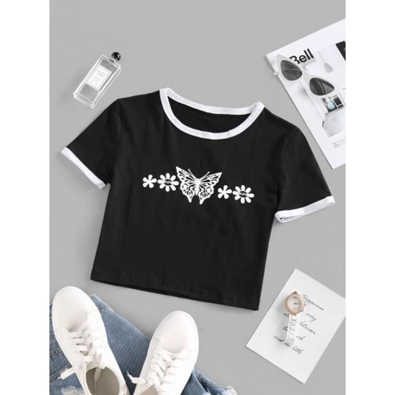 Butterfly Daisy Print Cropped Ringer Tee WL9405