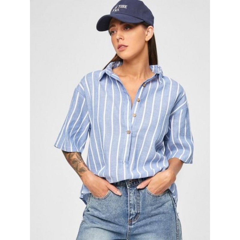 Pinstriped Drop Shoulder Button Placket Blouse BD2397