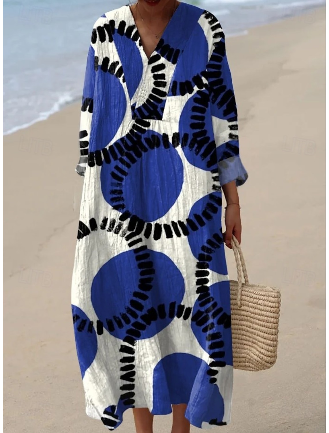 Women's Midi Dress V Neck Long Sleeve Kaftan Lightweight Loose Fit A Line Dress Casual Boho Party Going out Loose Fit Graphic Geometric Stripe Long Sleeve V Neck Black Yellow Blue Orange