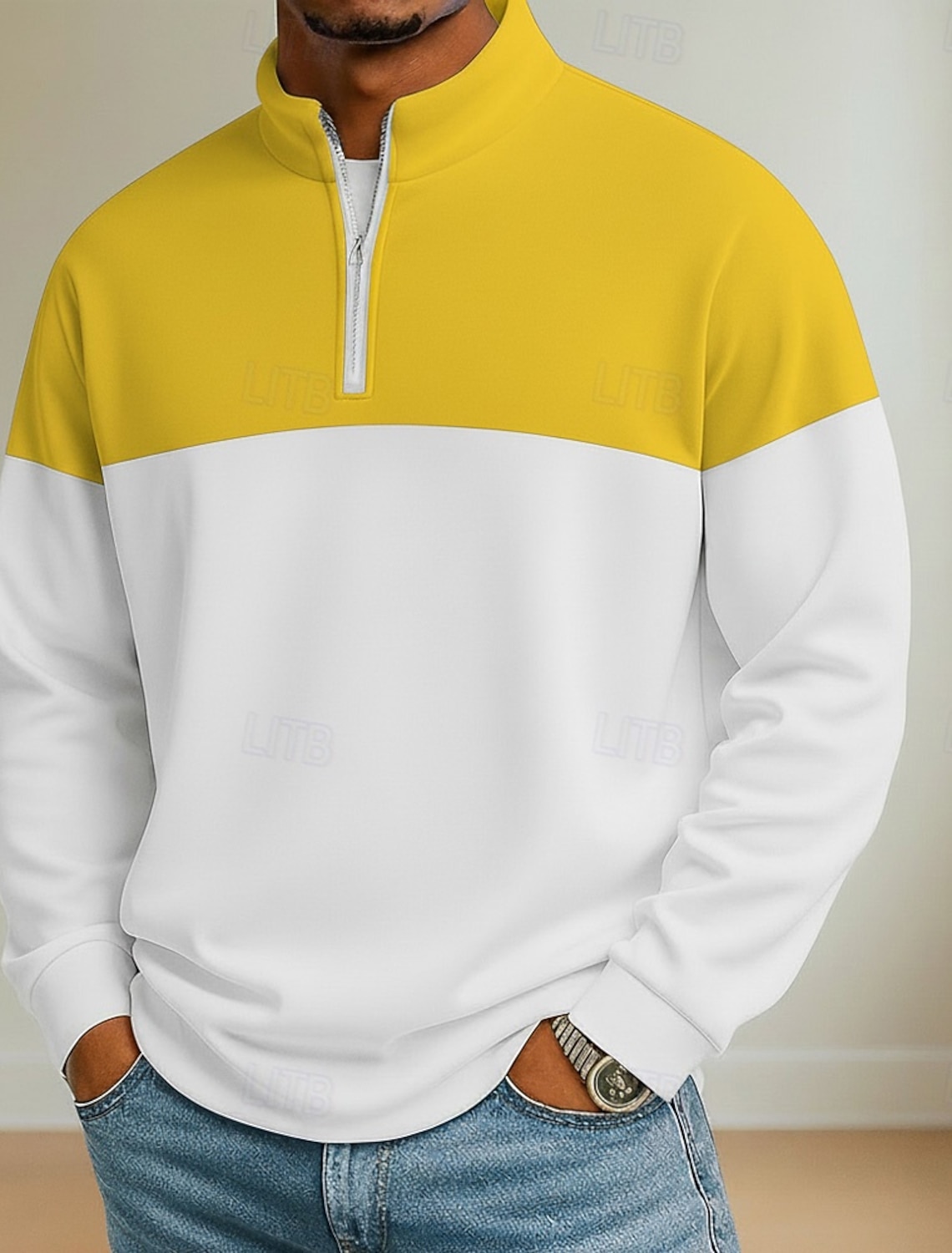 Men's Color Block Zip Polo Shirts Long Sleeve Grandad Collar Casual