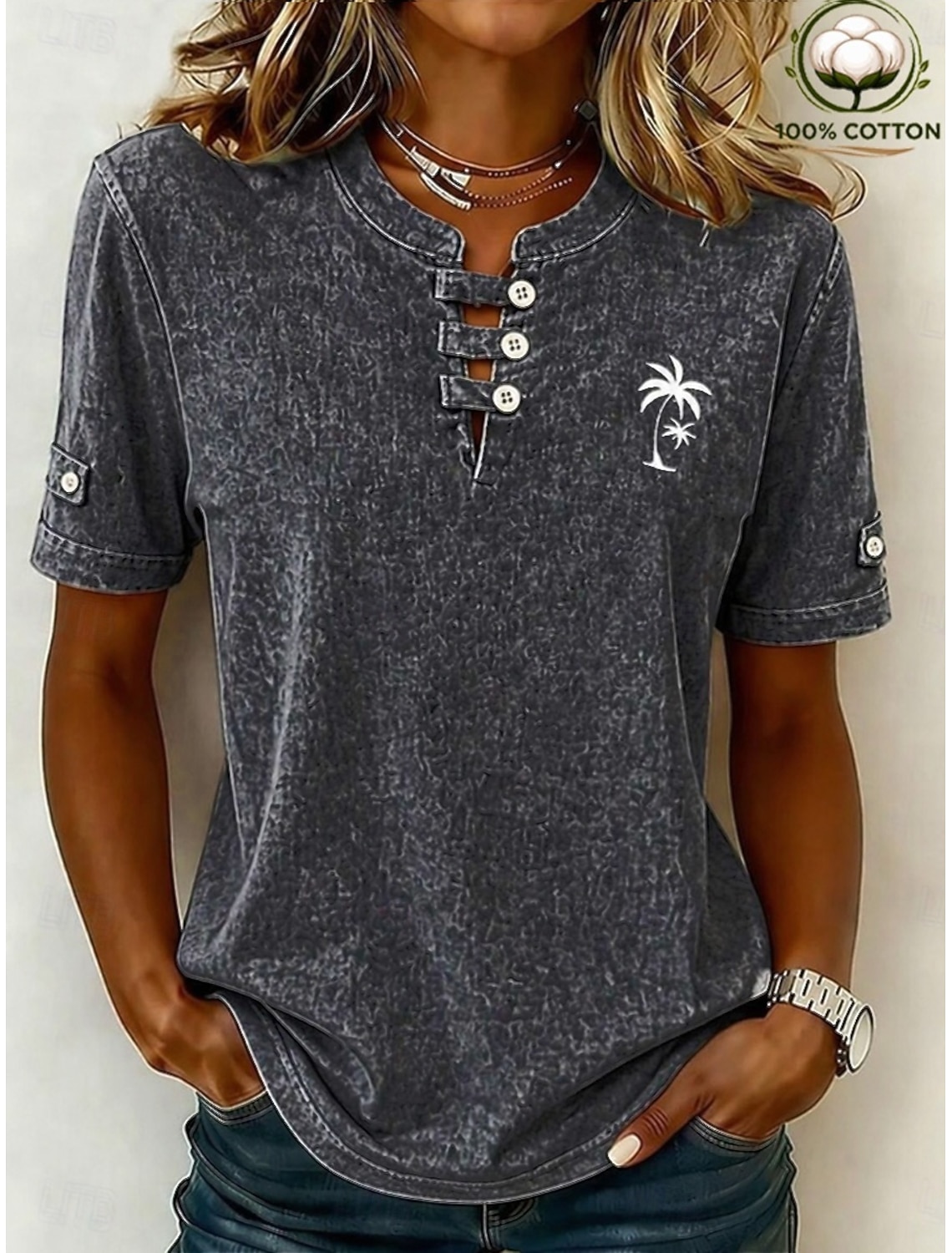 Women's 100% Cotton T-Shirts - Quality Vintage Short Sleeve V Neck Tee