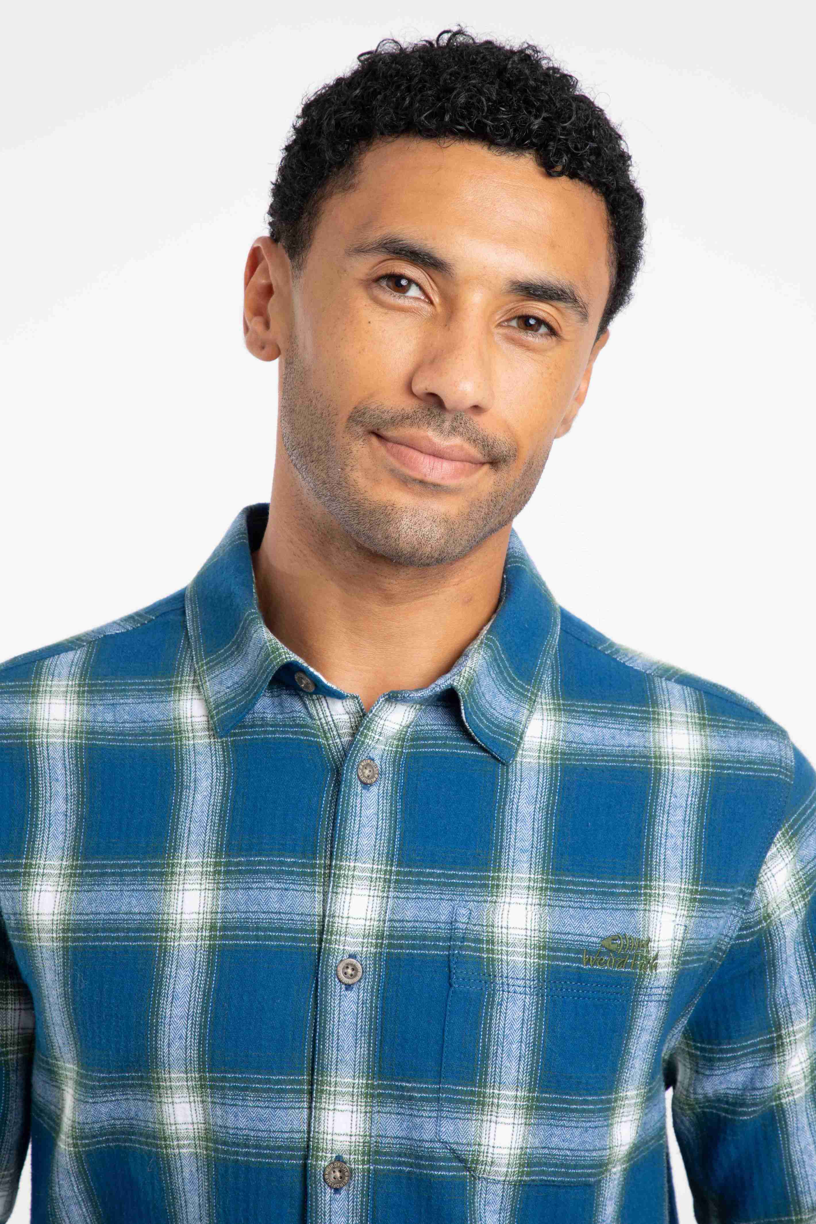 Broxton Organic Cotton Long Sleeve Herringbone Check Shirt Blue