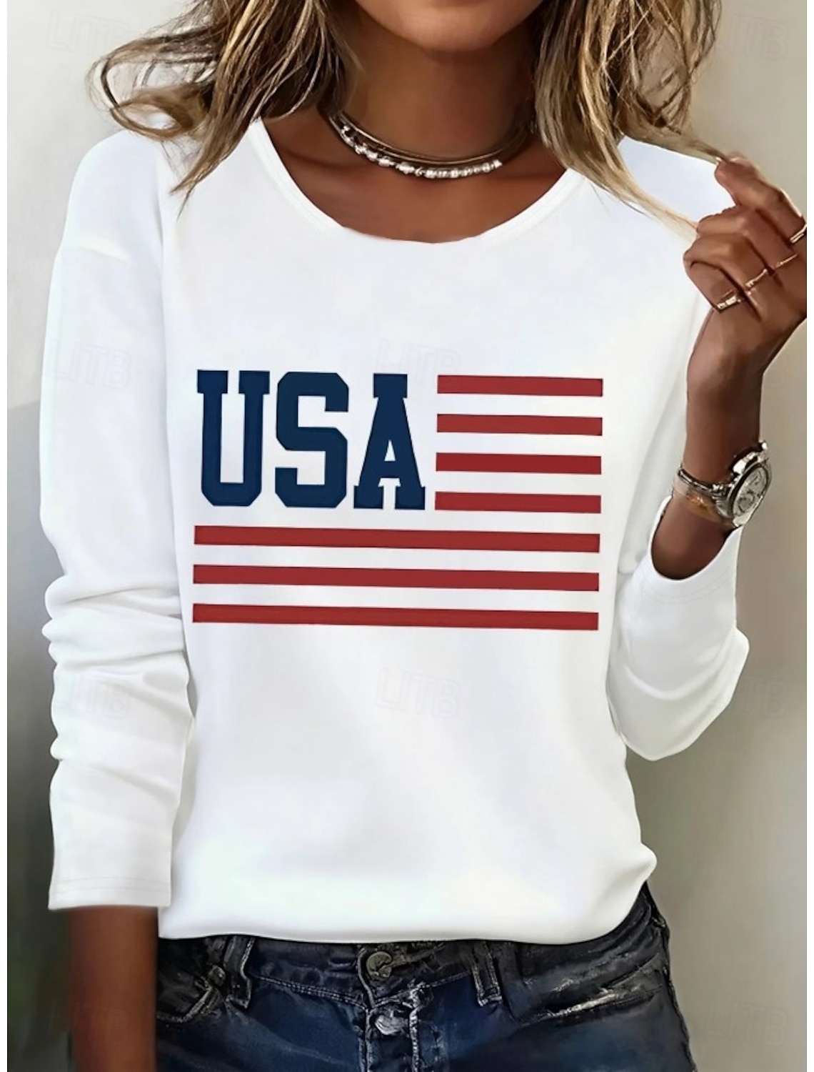 Independence Day PatrioticWomen's T Shirt Print Graphic Flag American Flag Stylish Classic Casual Long Sleeve Crew Neck Regular Tops Daily Blue Black White Red Summer Spring