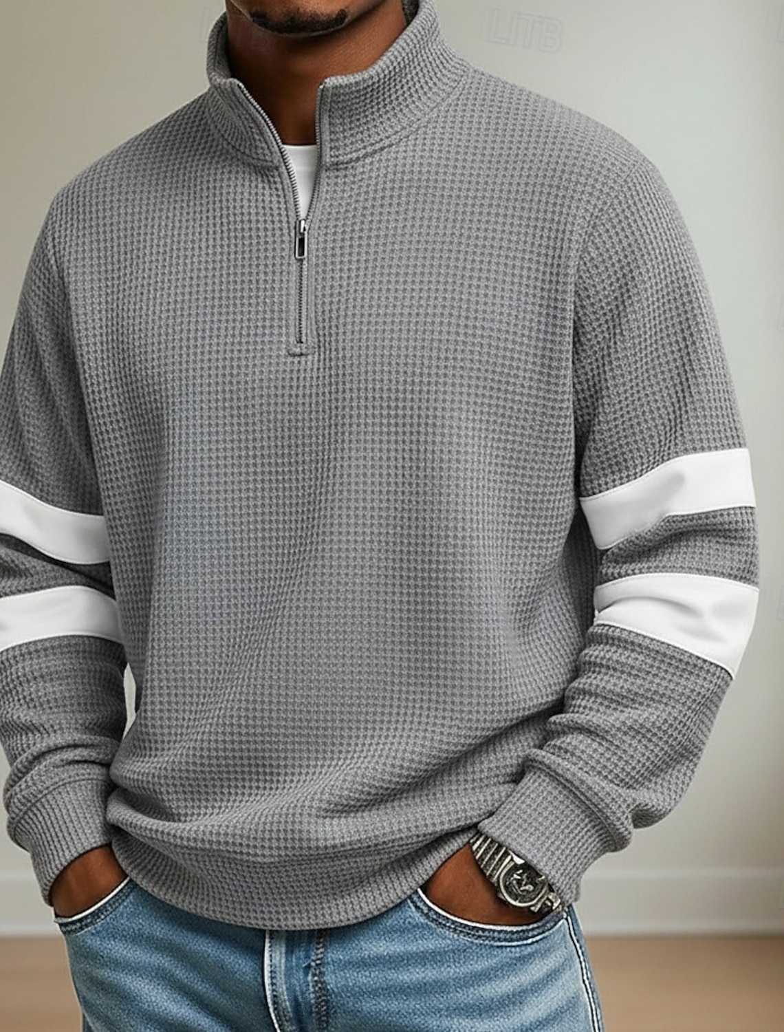 Men's Waffle Polo Shirts School Athleisure Standing Collar Long Sleeve