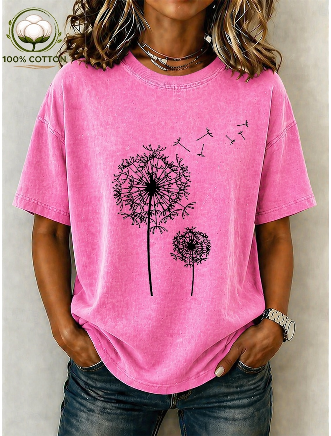 Women's 100% Cotton T Shirt Vintage Washed Tops Print Graphic Plants Stylish Basic Short Sleeve Crew Neck Regular Tops Casual Daily Blue Black Pink Purple Brown Summer Spring