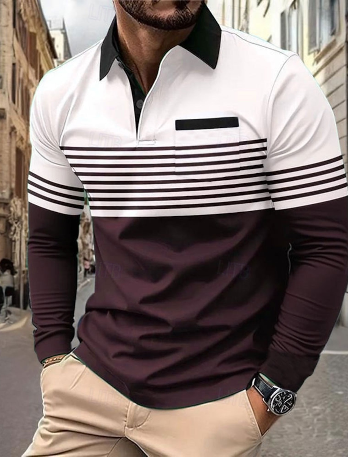 Men's Horizontal Stripes Polo Long Sleeve Shirts Collared Business