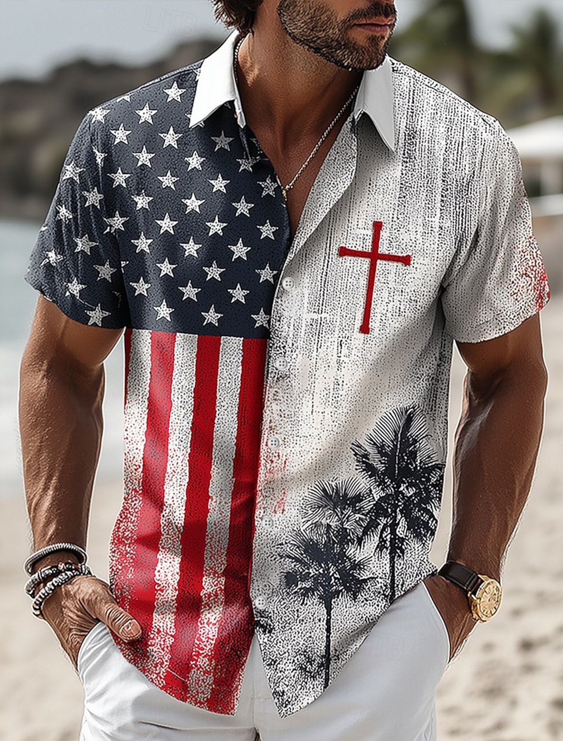 Men's 4th of July U.S. 250th Anniversary Cross US Flag Shirt Button Up Shirt Short Sleeve Patriotic Outdoor Holiday Summer Spring Turndown 3D Print Collared Shirts Blue White