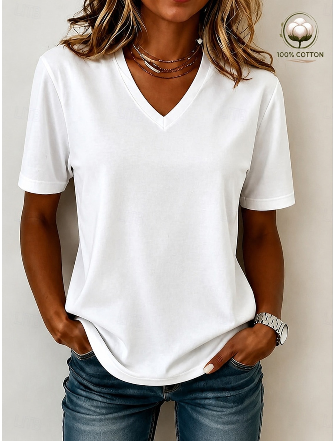 Women's 100% Cotton T-Shirts - Quality Basic Short Sleeve V Neck Tee