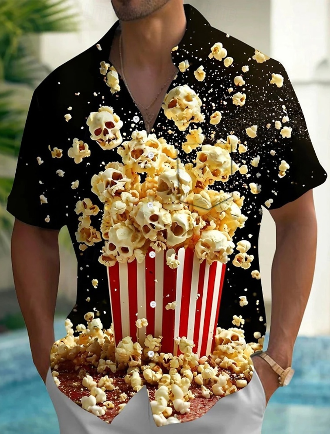 Men's Food Popcorn Shirt Summer Hawaiian Shirt Button Up Shirt Short Sleeve Hawaiian Holiday Beach Wear Summer Spring Turndown 3D Print Collared Shirts Front One Pocket Black