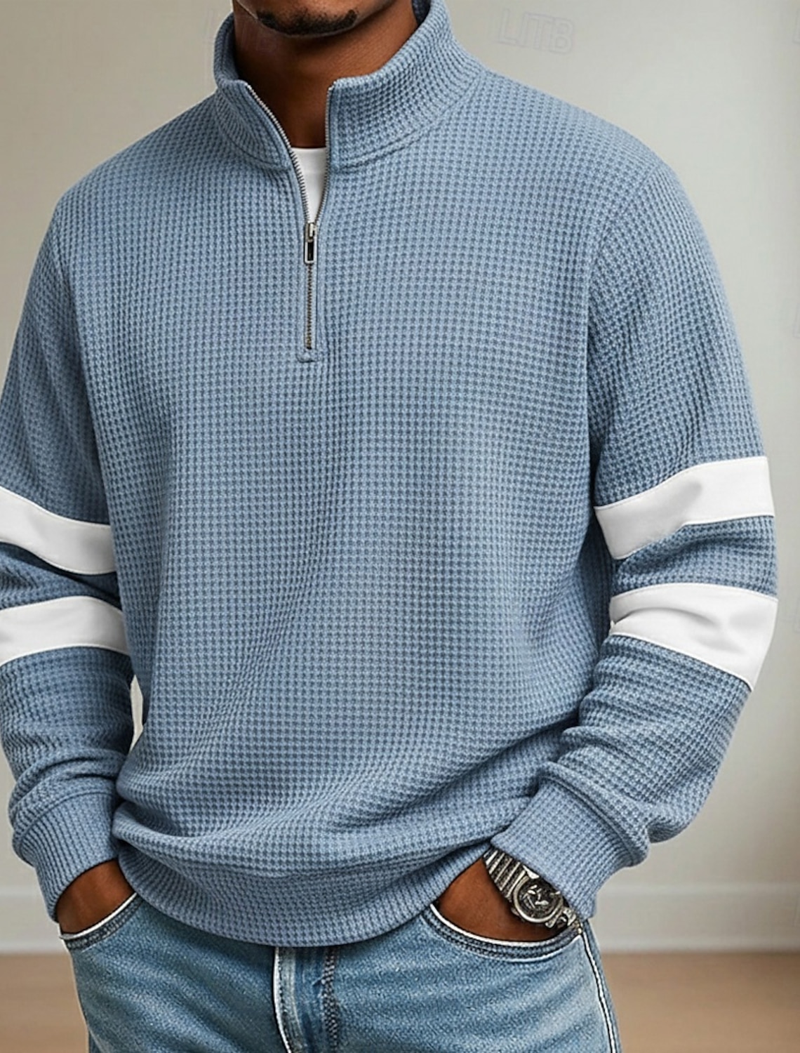 Men's Waffle Polo Shirts School Athleisure Standing Collar Long Sleeve