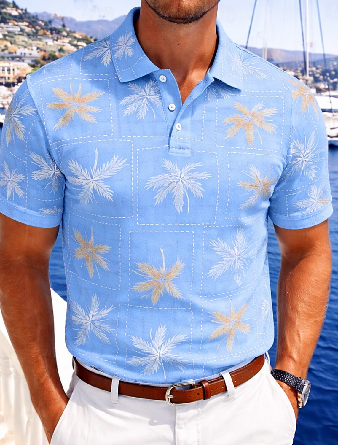 Men's Palm Tree Polo Shirts Short Sleeve Collared Hawaiian Casual