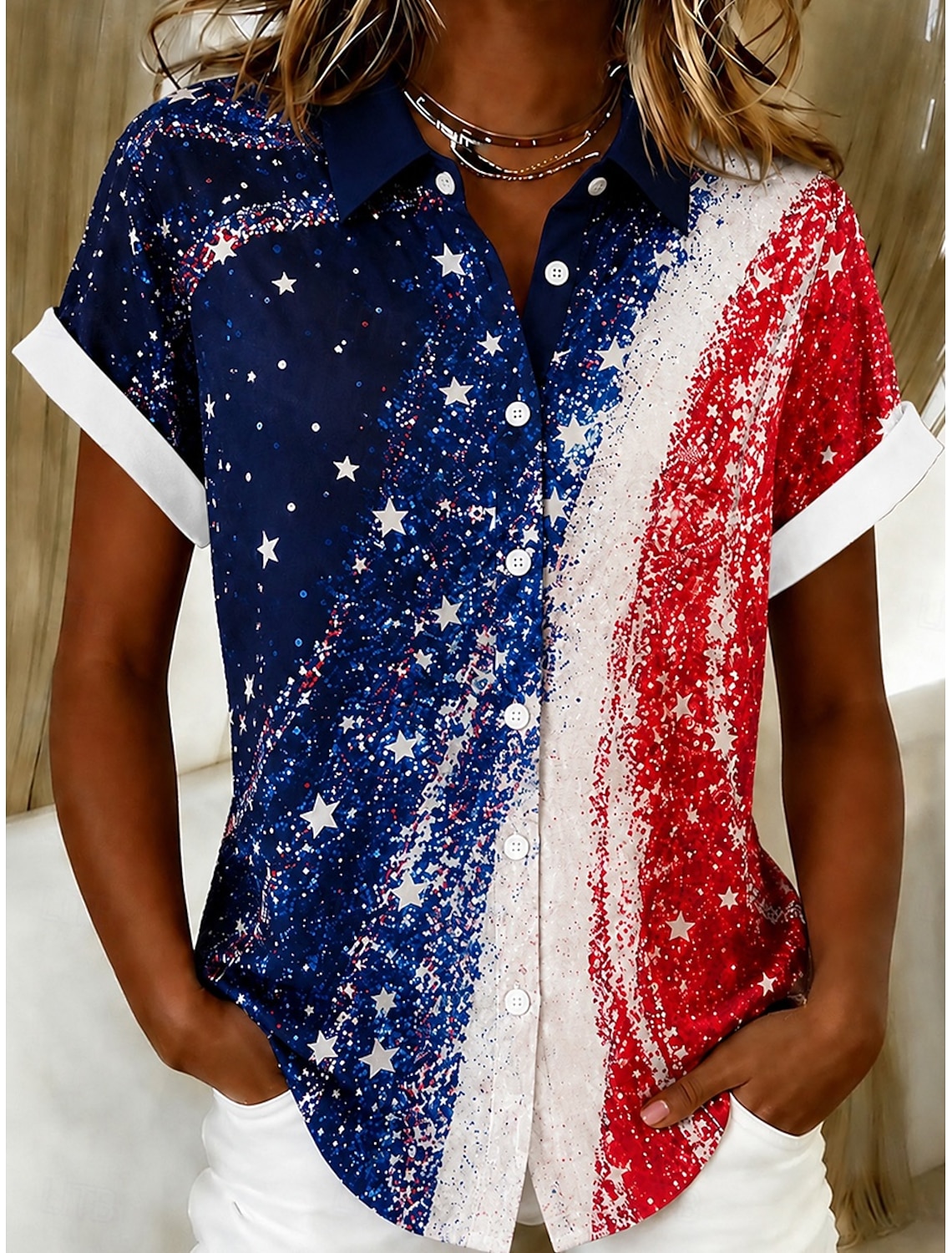 American Independence Day Women's Shirt Short Sleeve Graphic Flag Vintage Stylish Casual Sleeveless Shirt Collar Regular Tops Daily Blue White Light Blue Summer Spring