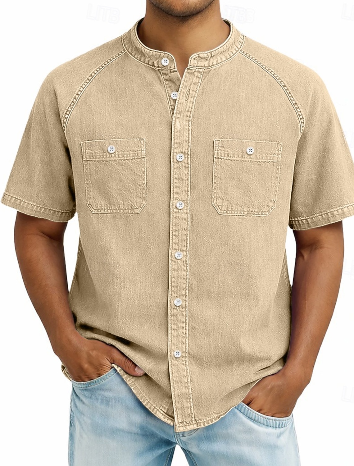 SoftFade™ Men's Shirt Casual Shirt Button Up Shirt Cotton Acid Wash Shirt Black Light Green Pink Purple khaki Short Sleeve Plain Grandad Collar Casual Daily Front Pocket Clothing