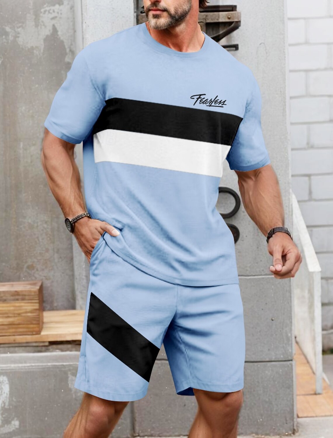 Men's Striped 2pcs Tees sets Summer Tops Short Sleeve Pants Crew Neck
