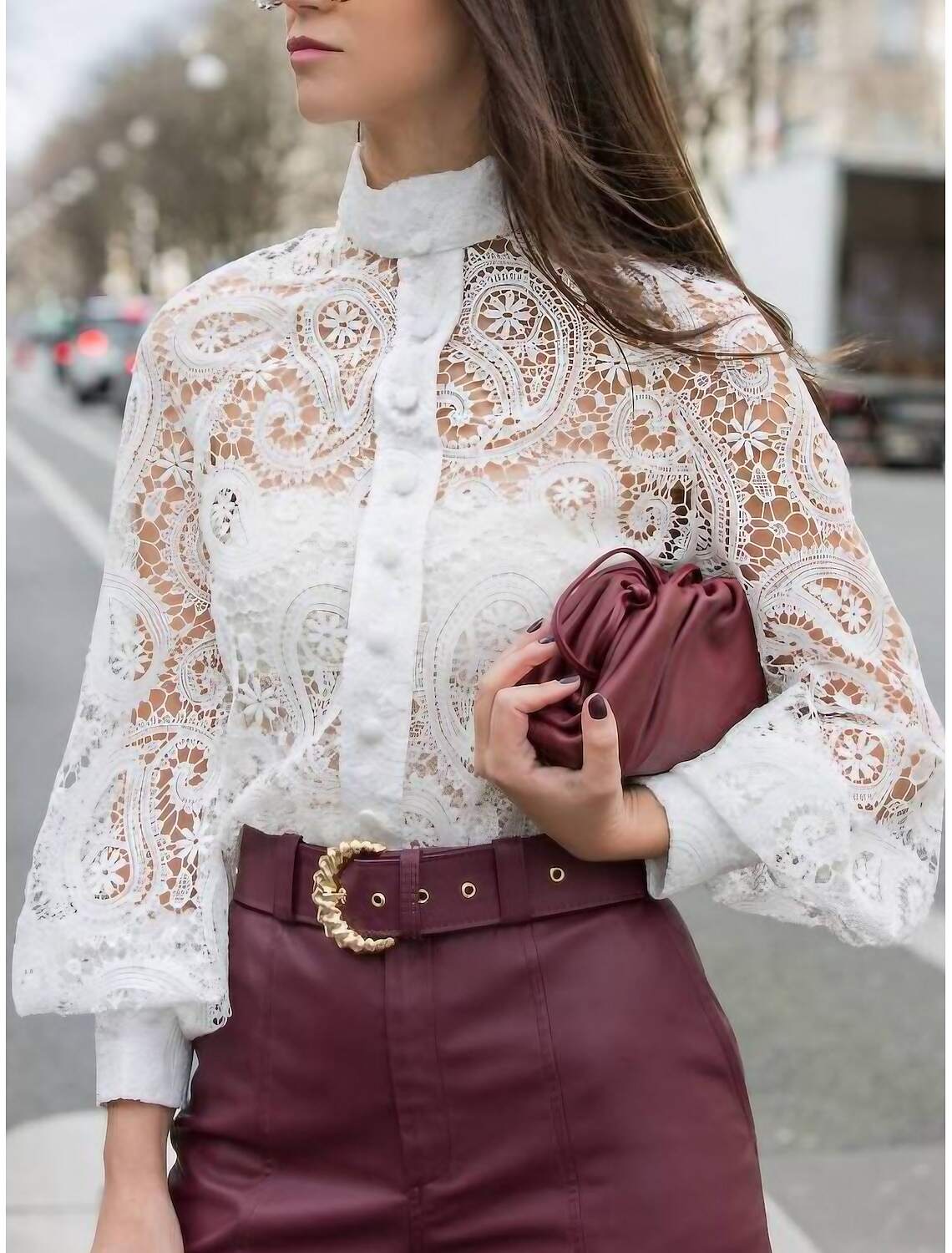 Women's Shirt Lace Shirt Going Out Tops Blouse Elegant Vintage Fashion Lace up Long Sleeve Regular Tops Party Club Spring Fall