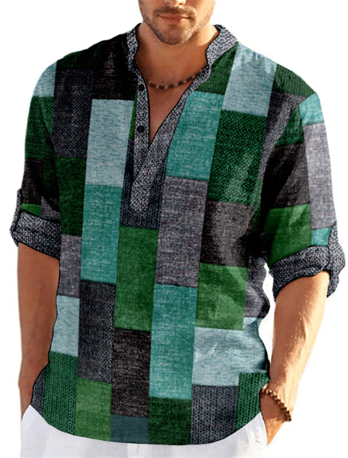 Men's Plaid / Check Patchwork Geometric Pattern Shirt Button Up Shirt Long Sleeve Fashion Streetwear Designer Casual Going out Summer Spring Fall Stand Collar Print Blue Khaki Khaki+Khaki Black White