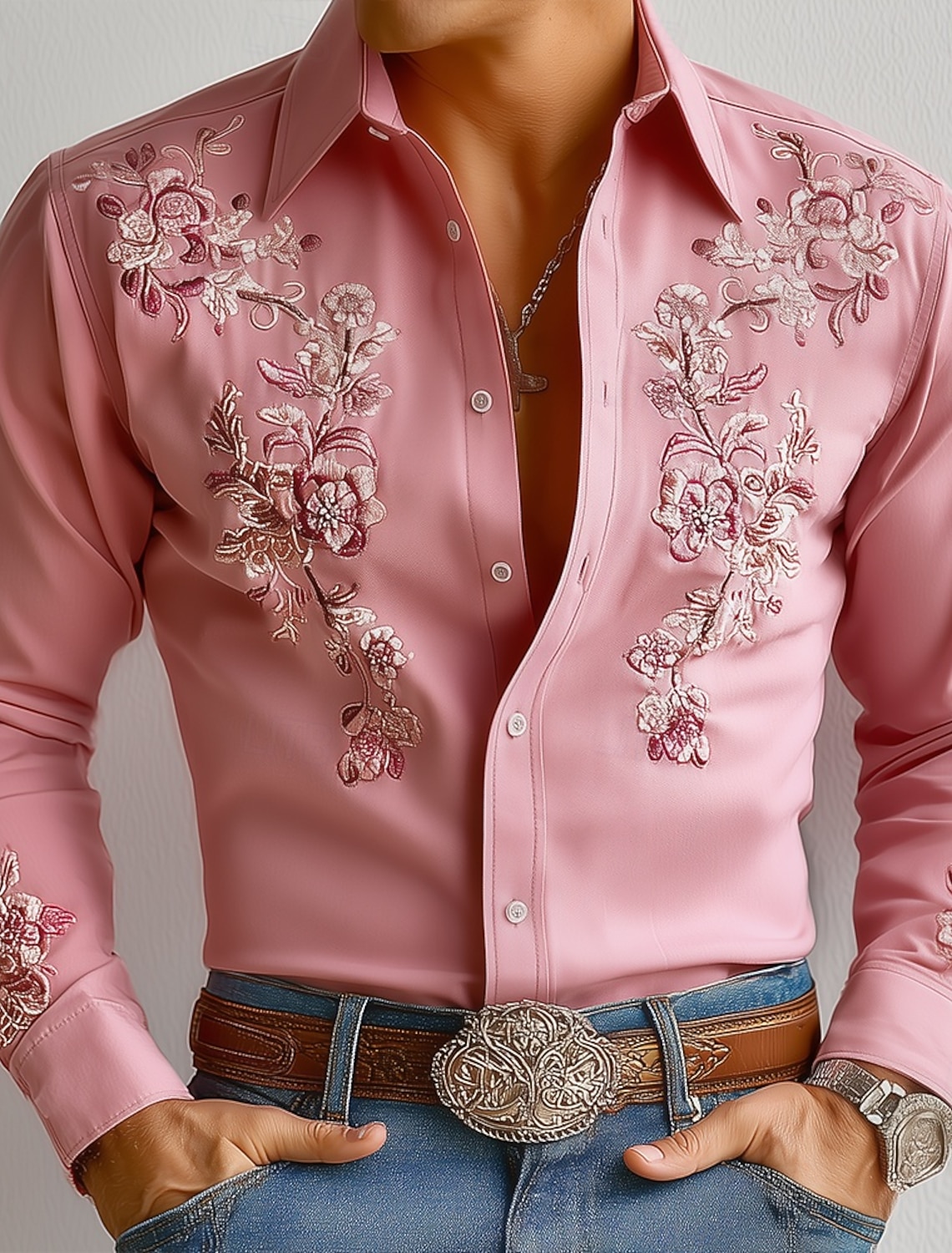 Men's Floral Print Flowers Shirt Western Cowboy Long Sleeve Vintage