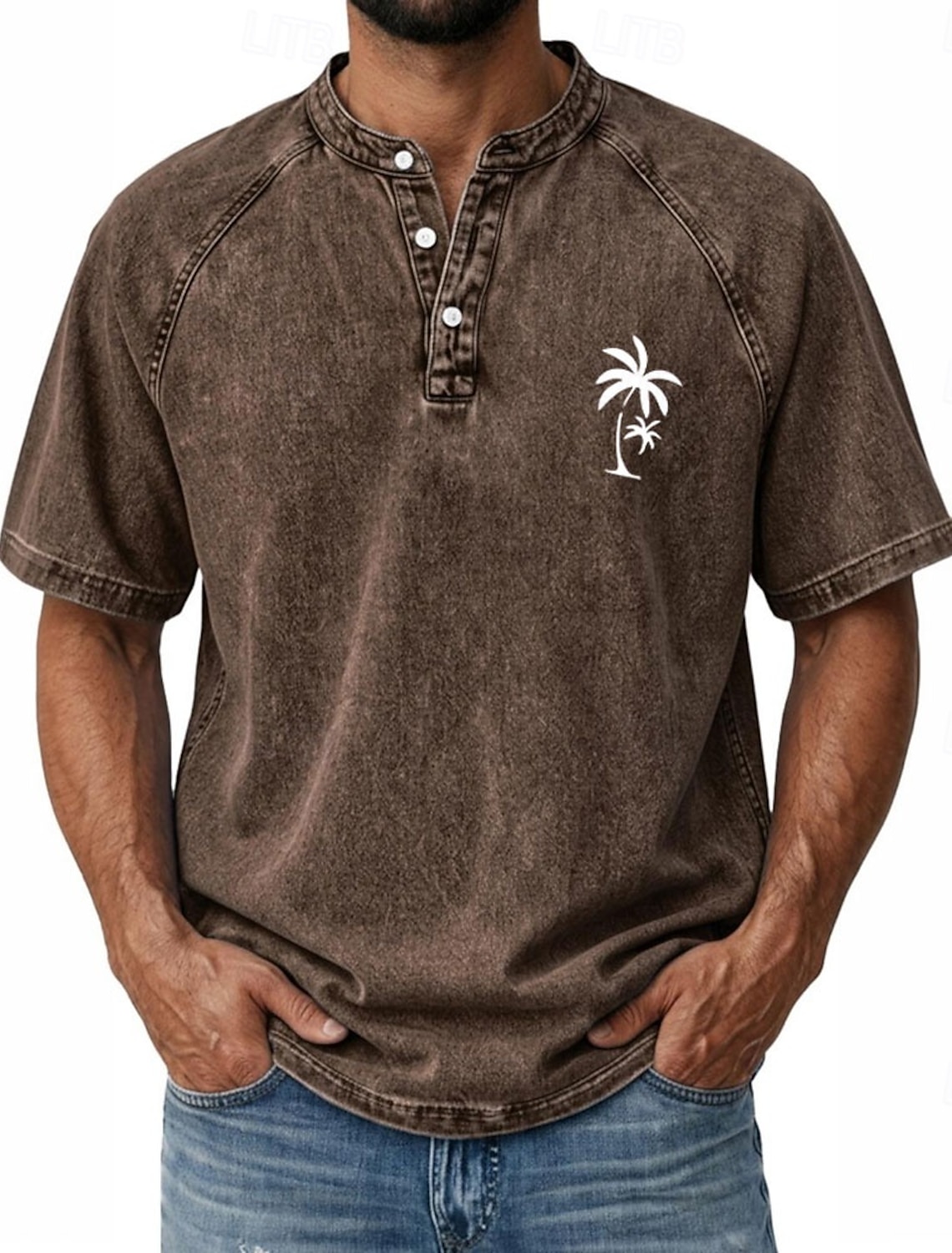 SoftFade™ Men's Coconut Tree T Shirt Demin Shirt 100% Cotton Acid Wash Shirt Short Sleeve Vintage Streetwear Casual Home Street Summer Spring Black Light Green Light Blue Stand