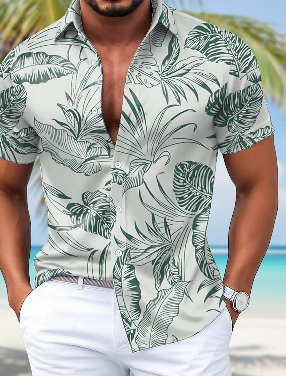 Men's Palm Leaf Tropical Plants Satin Shirt Hawaiian Shirt Aloha Shirt Short Sleeve Hawaiian Daily Vacation Summer Spring Turndown 3D Print Button Up Shirts Blue Purple Green Light Grey