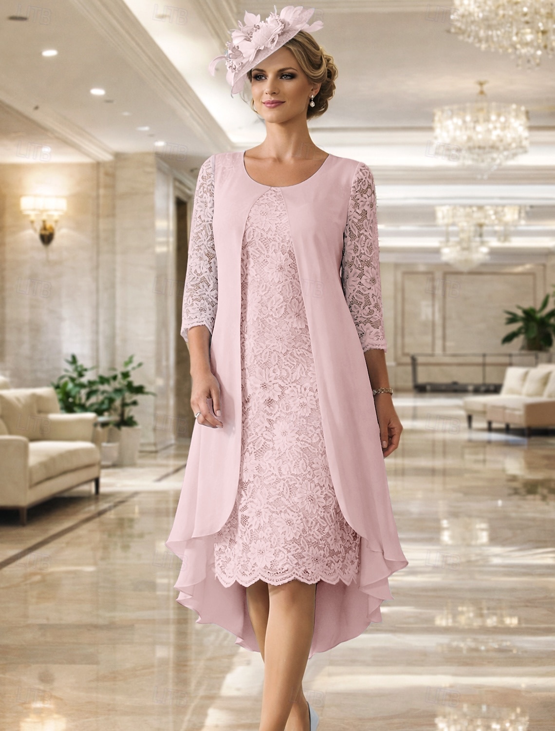 Two Piece A-Line Knee Length Wedding Guest Dress Mother of the Bride Dress Sleeveless Scoop Neck Elegant Wedding Guest Wedding Party Chiffon Lace Jacket Dresses with Pleats Appliques