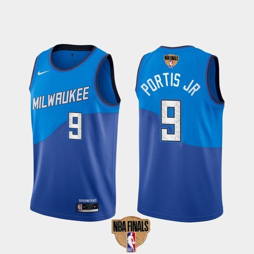 Men's Milwaukee Bucks #9 Bobby Portis JR 2021 NBA Finals Blue City Edition Stitched Jersey