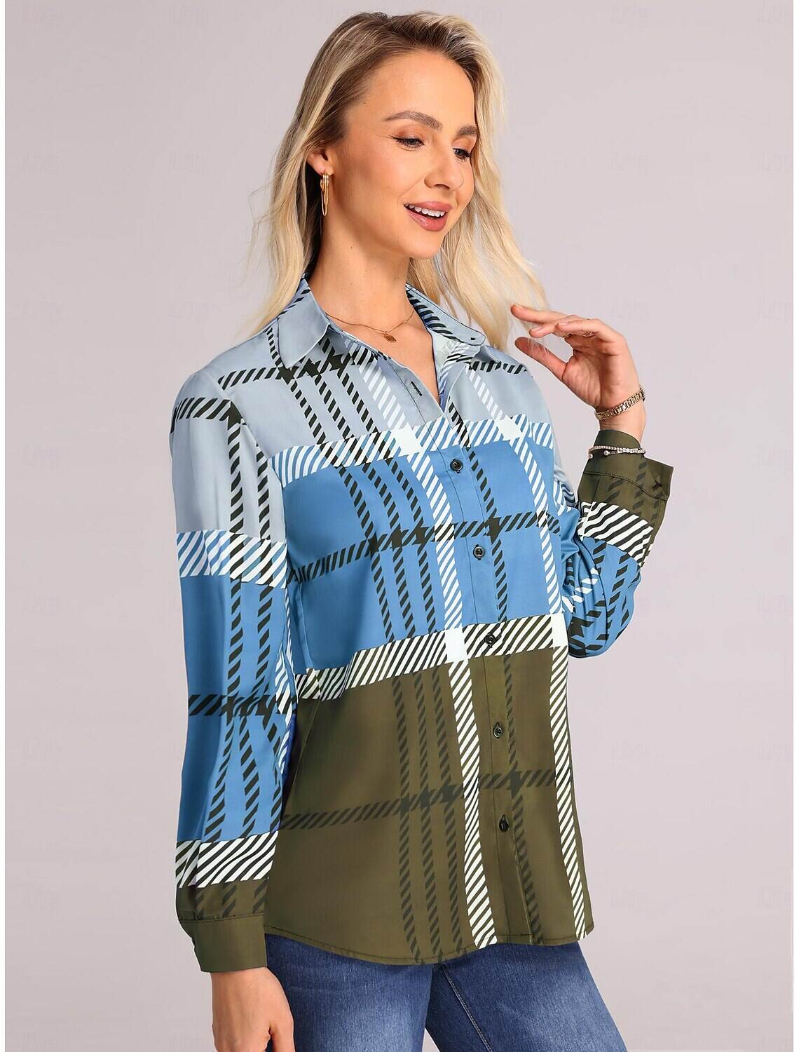 Women's Shirt Blouse Fashion Plaid Buttons Print Long Sleeve Regular Tops Shirt Collar Casual Spring & Fall