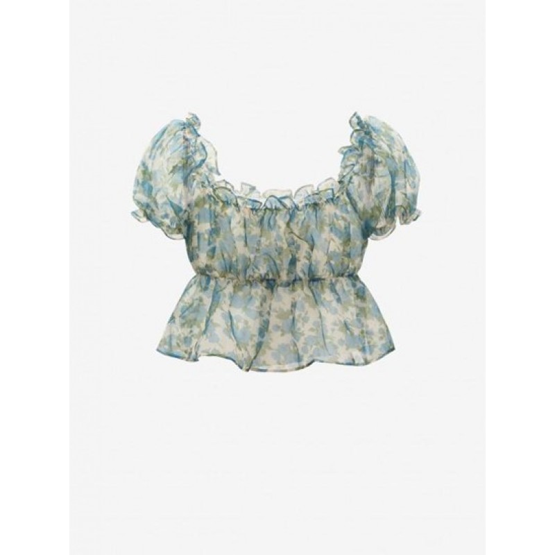 Floral Print Ruffle Puff Sleeve Peplum Blouse VW5778