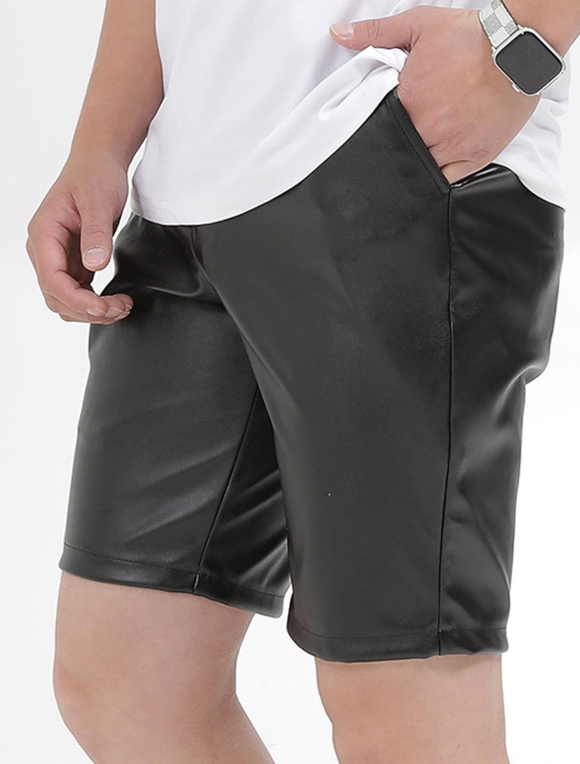 Men's Shorts Faux Leather Shorts Pocket Plain Comfort Breathable Knee Length Outdoor Daily Holiday Faux Leather Stylish Casual Black White