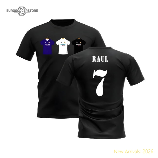 Top-Quality Real Madrid 2002-2003 Retro Shirt T-Shirt (Black) (Raul 7)