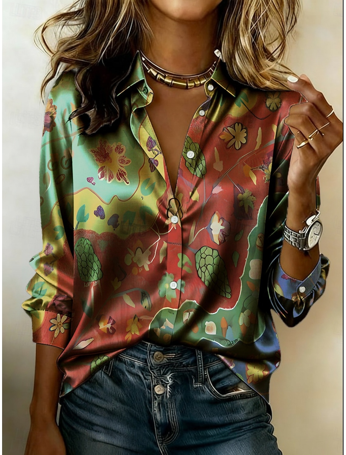 Women's Shirt Satin Shirt Print Floral Graphic Bohemia Vintage Stylish Long Sleeve Shirt Collar Regular Tops Daily Holiday Going out Black Pink Purple Summer Spring Fall