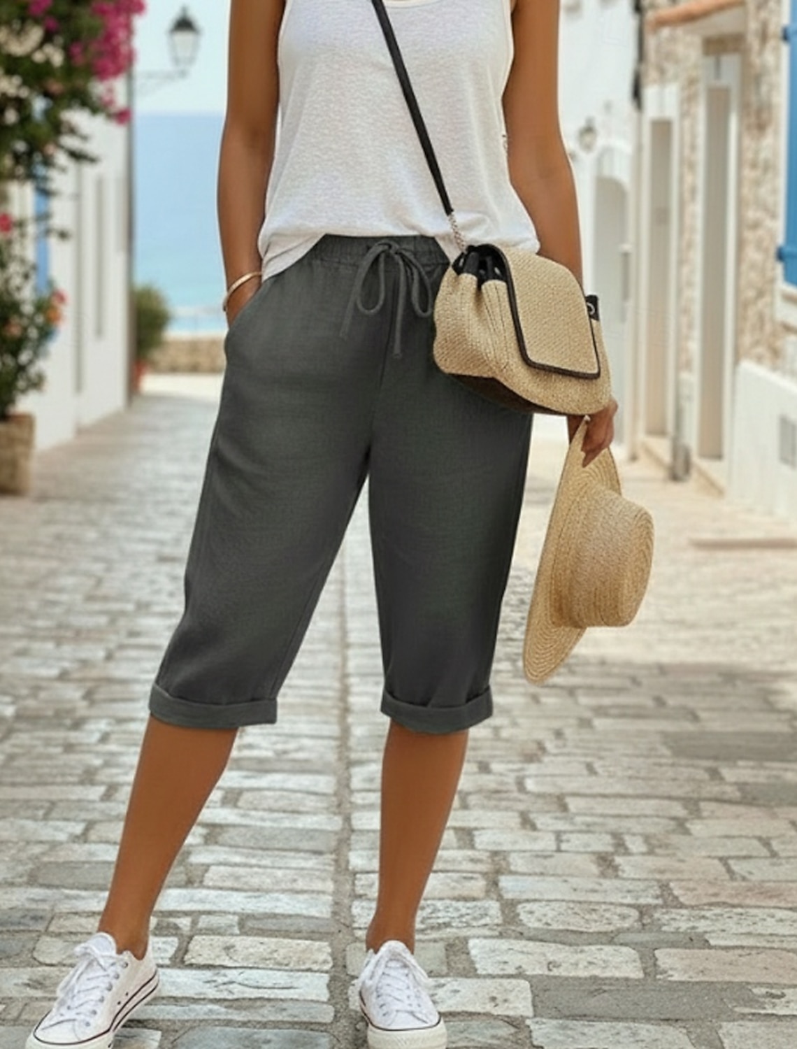 Women's Linen Shorts Capri Pants Chinos Summer Shorts Vacation Streetwear Casual Knee Length Medium Waist Plain Drawstring Pocket Comfortable Breathable Inelastic Daily Outdoor Street