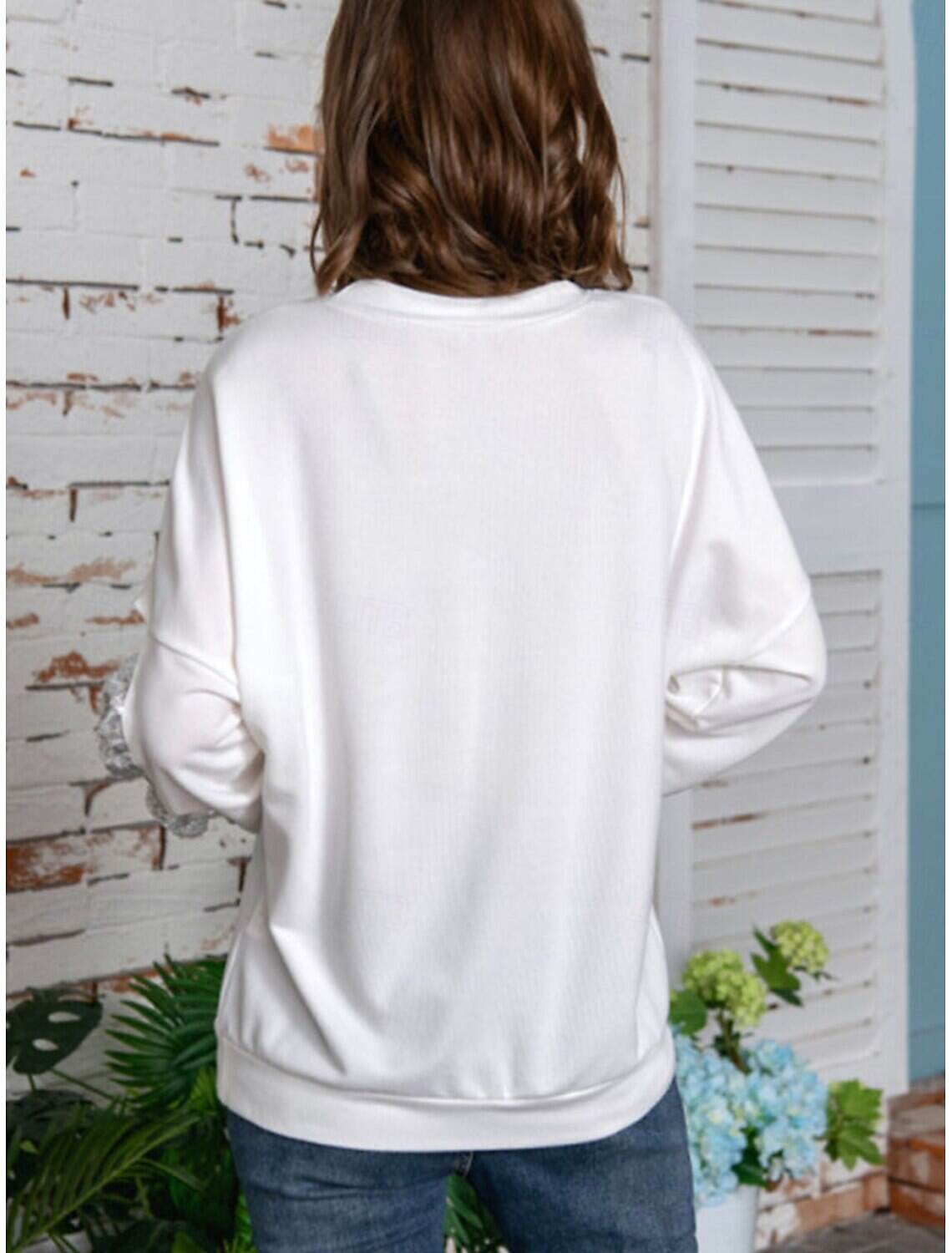 Women's Shirt Blouse Basic Casual Solid Color Regular Tops Long Sleeve Crew Neck Sequins Patchwork Bow Regular Fit Daily Fall Winter