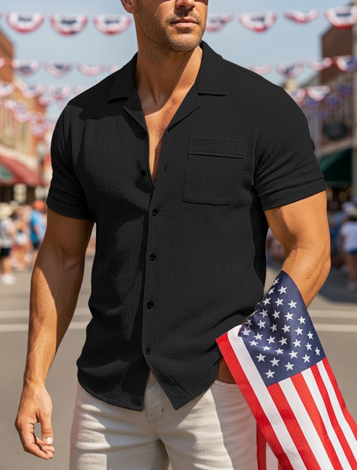 Men's Shirt Summer Shirt Beach Wear Seersucker Shirt Solid Color Casual Vacation Blue Black White Khaki Short Sleeve Shirt Collar Summer Spring Clothing Apparel Pocket
