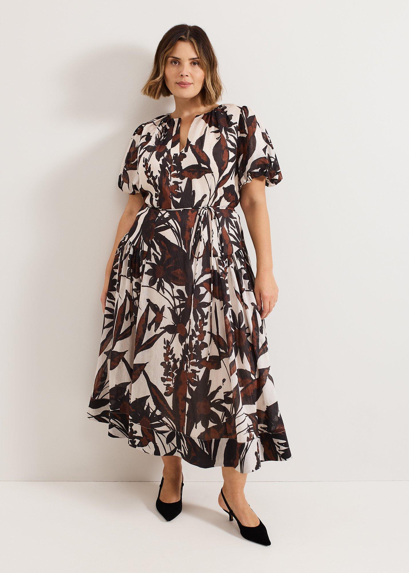 Zarah Printed Puff Sleeve V Neck Midi Dress