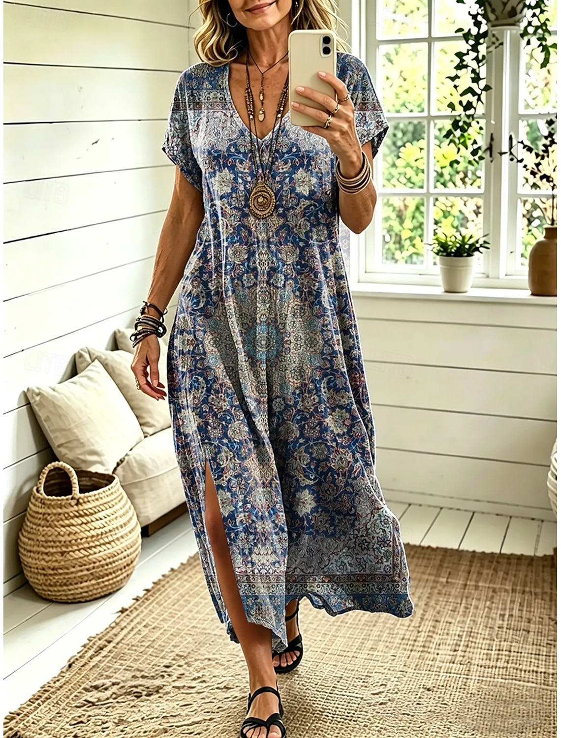 Women's Midi Dress A Line Dress Casual Loose Fit Floral Abstract Short Sleeve V Neck Blue Red Sky Blue Green Summer Spring